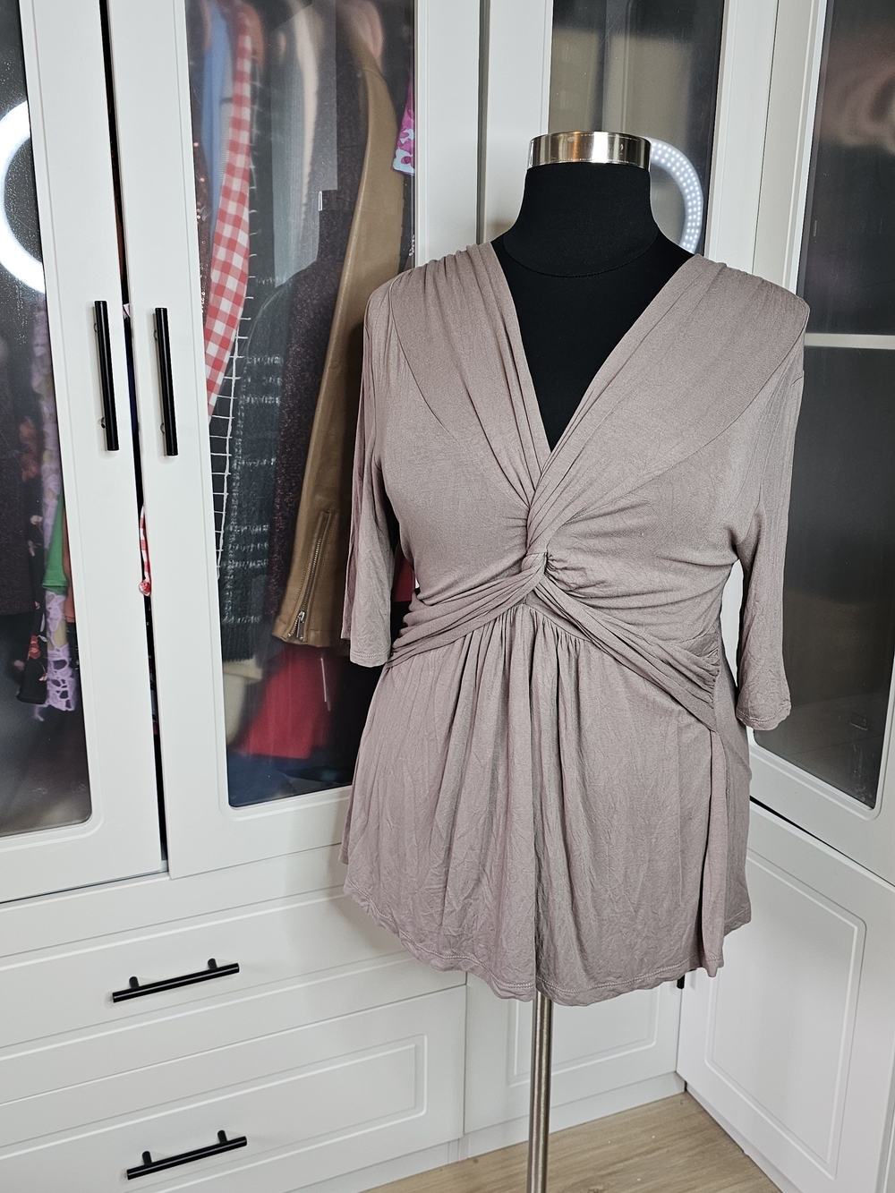 Kiyonna Taupe Twist-Front V-Neck Tunic